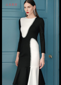 543-时尚黑白色修身礼服鱼尾连衣裙制版