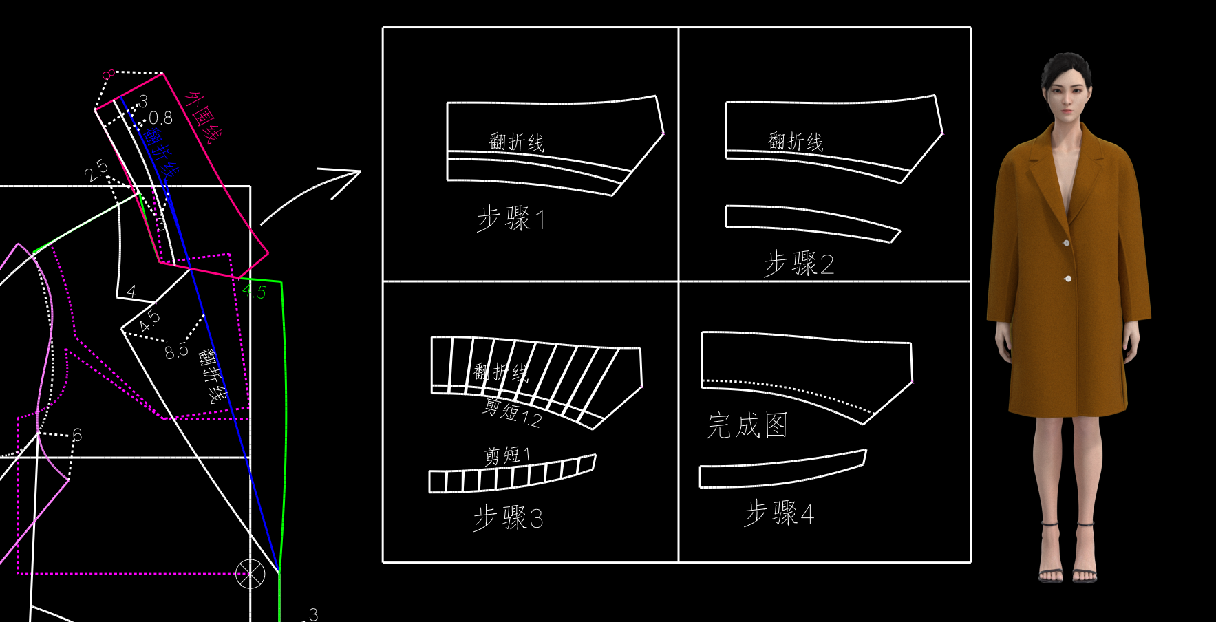 1057.前连身袖后插肩袖双面呢大衣打板裁剪教程