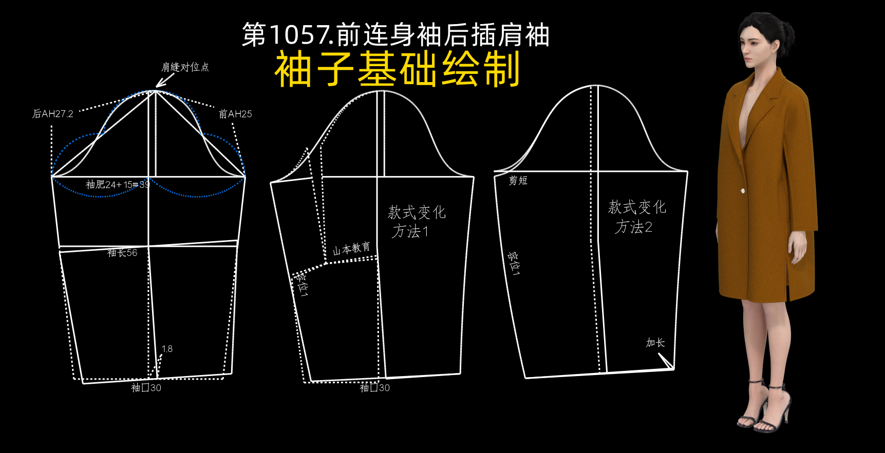 1057.前连身袖后插肩袖双面呢大衣打板裁剪教程