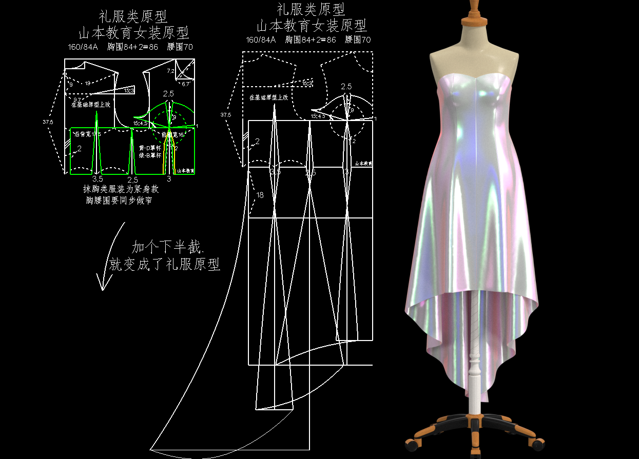 59.女装原型转化礼服胸杯原型